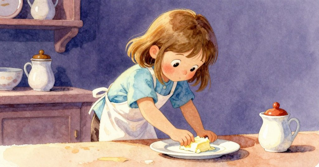 瑞恩聚焦盤中奶油蔓延，旁邊玩具麵包師靜立於糖罐旁，畫面傾斜角度展現動態與趣味