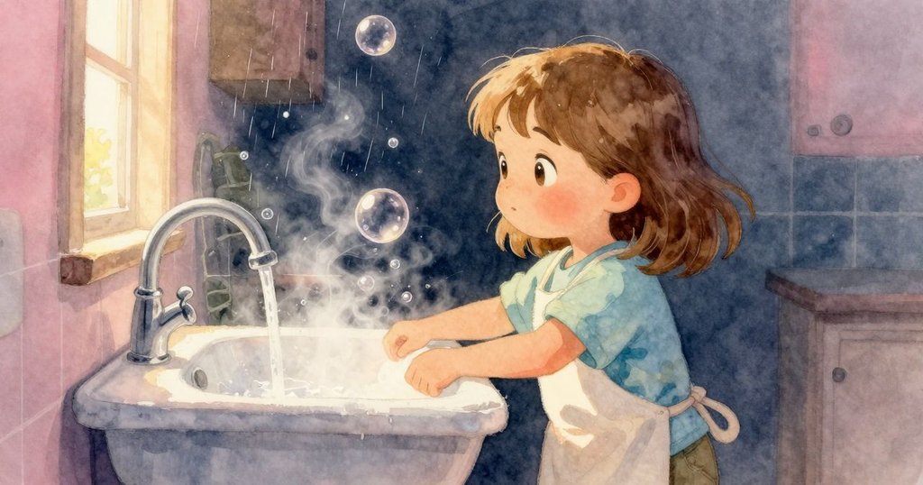 廚房水槽中泡泡隨著細雨與蒸氣緩緩上升，畫面溫柔展現光影交織下的詩意與靜謐氛圍