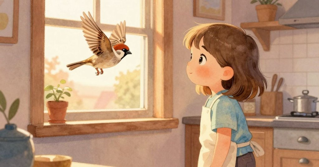 瑞恩站在廚房內注視窗邊棕色麻雀，麻雀微調姿勢後展翅飛向充滿陽光的庭院，情感互動真摯