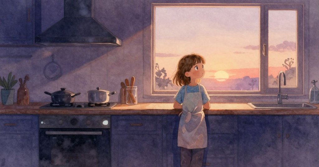 瑞恩在廚房中靜坐休憩，夕陽柔光映照出平靜思緒，畫面充滿一天魔幻瞬間的溫馨回味