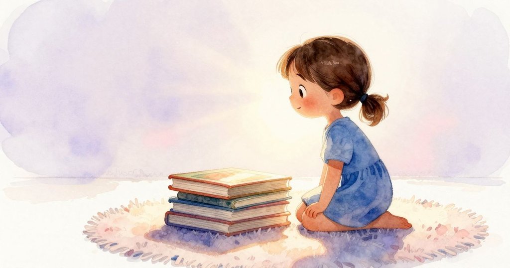 Astrid的輪廓在明亮的日光中映照在柔軟的地毯旁，書本被光線輕輕照亮，展現探索故事的開端