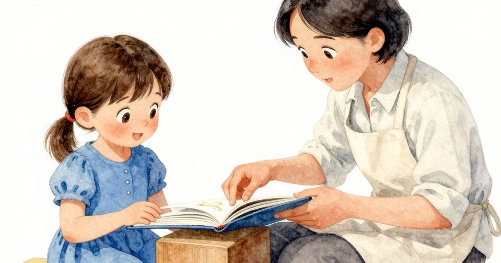 Astrid正用雙手輕輕打開厚重的書本，並將光滑圓形的木塊巧妙置於書頁下，臉上流露出專注與好奇