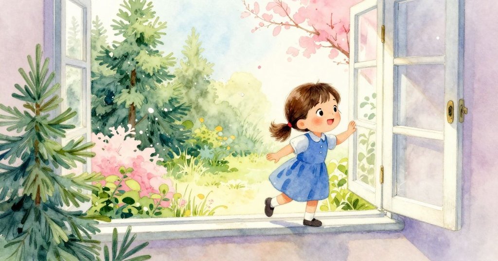 Astrid手持著書本走向開啟的窗邊，窗外花園裡粉綠色調的光影與塵粒隨光舞動，滿懷期待