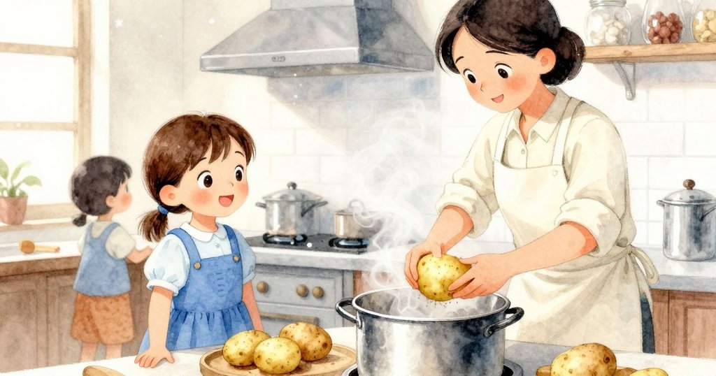 在溫暖的廚房裡，烘培師正費力削著大土豆，熱氣自鍋中升起，而Astrid則從門邊關切地觀看