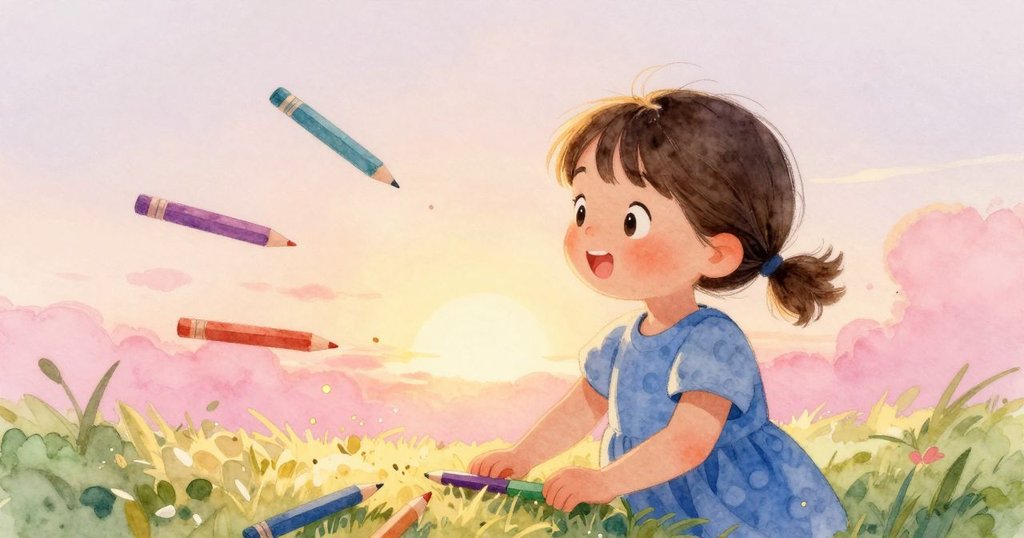 夕陽餘暉灑滿房間，Astrid溫柔地合上書本，旁邊彩色鉛筆輕擊杯沿，塵埃在光中飄舞，氣氛寧靜