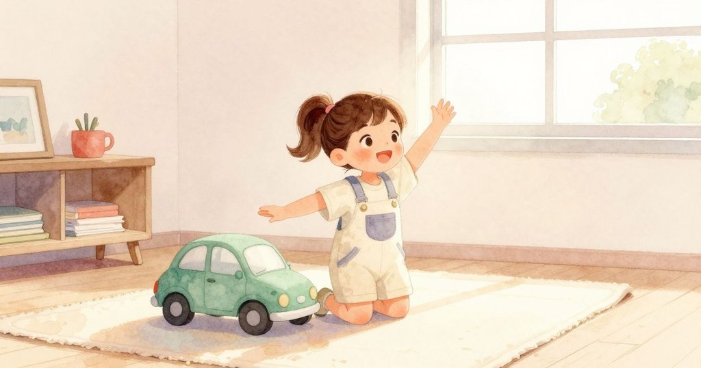 丹娜在明亮房間內跪在矮架旁，注視著緩慢行駛的綠色小車，空間溫馨平和，開始準備搭建積木。