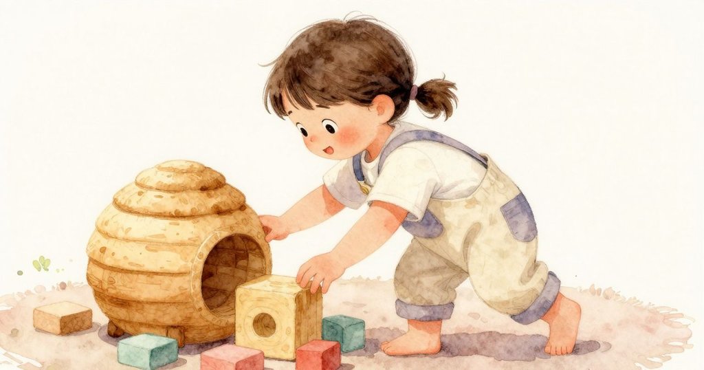 丹娜專注伸手取圓形蜂巢狀積木，積木排列整齊於軟墊上，環境柔和溫暖，強調細節。