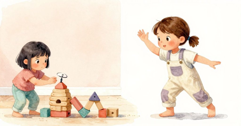 房間畫面一分為二，一邊丹娜擔憂地看著歪斜的積木路徑，另一邊海達大聲呼喊，陀螺搖晃使蜂巢積木滑動，情緒生動。