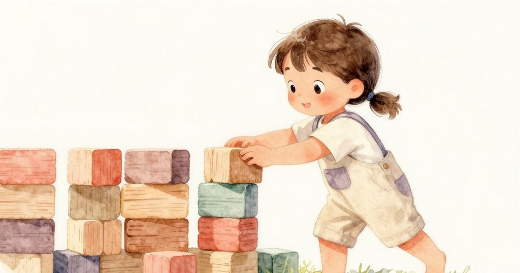 丹娜輕柔地抬起蜂巢積木放到墊子邊緣，同時移走一塊高積木，揭示出隱藏的空白空間，充滿發現感。