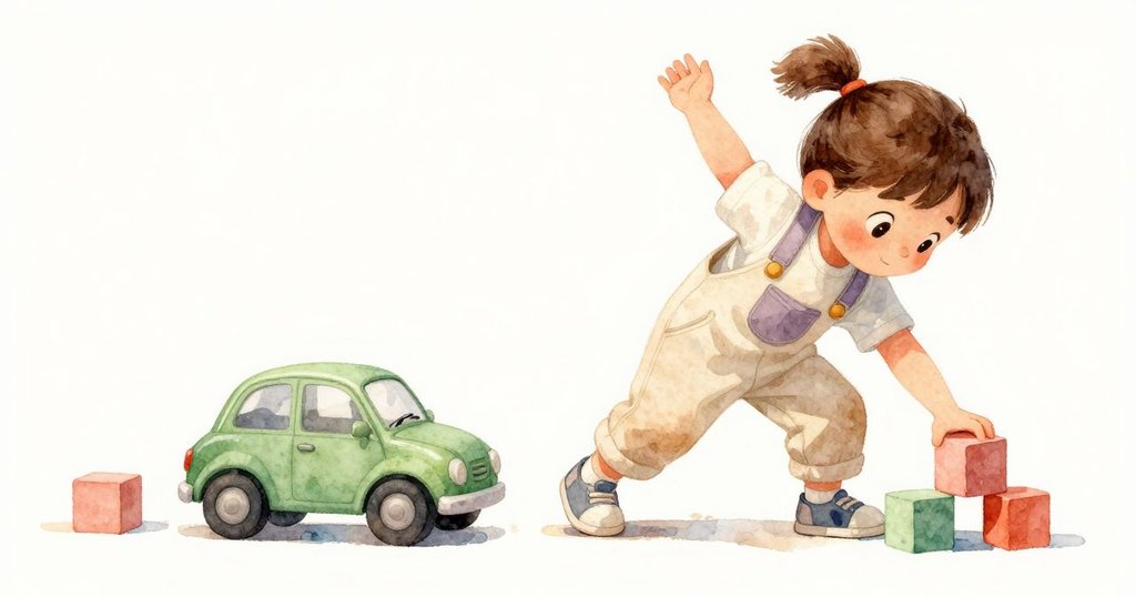 丹娜忙著收拾積木，綠色小車再次啟動，旁邊小車群隨動追隨，現場充滿急切活力。