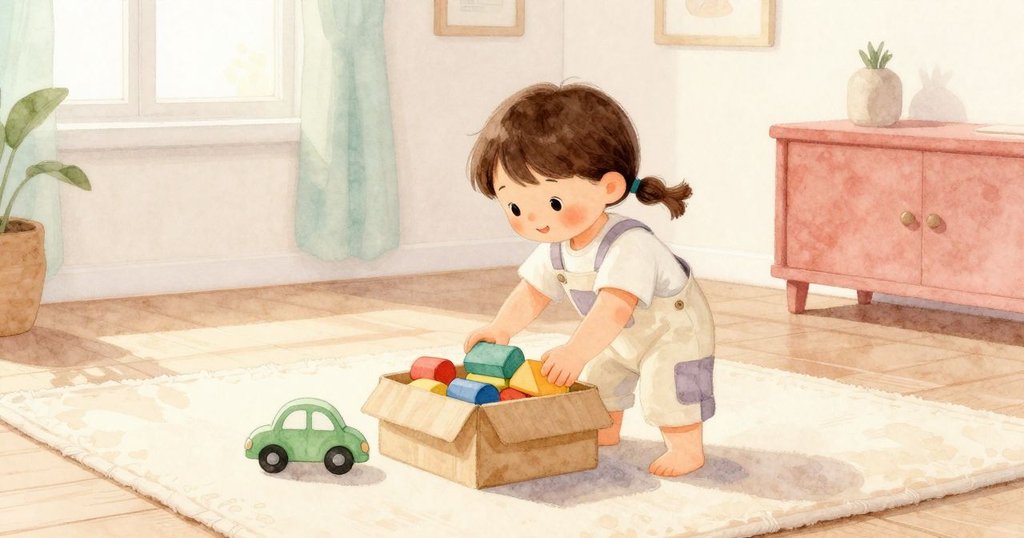 丹娜滿意地將積木收回盒中，整潔墊子上綠色小車輕推前行，房間充滿溫暖光線，結束了愉快遊戲。