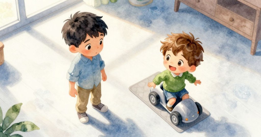 房內鳥瞰視角，小車在柔軟墊子上移動，窗邊光影交錯，展現溫暖明亮的早晨氛圍，房間充滿生活氣息。