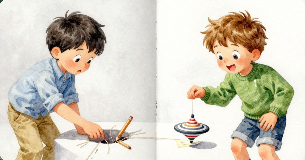 畫面分割展示兩段情景，一邊Felix透過縫隙探索筆與線，另一邊Renn觀察搖晃的陀螺與摺紙，充滿發現樂趣。