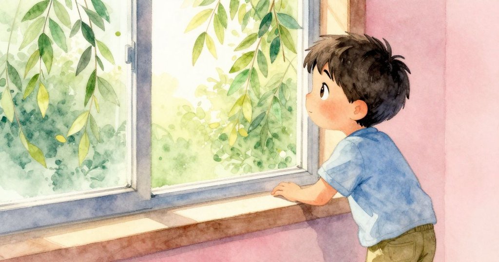 Felix站在窗邊凝視窗外輕搖樹葉，晨光灑進房內，室內外景色交融展現家居與自然和諧。