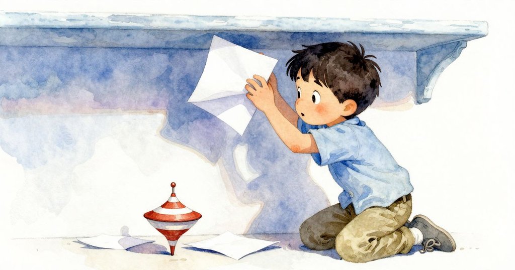 Felix試圖從擋住視線的摺紙下觀察物品，旁邊陀螺輕微搖晃，展現出克服小挑戰的耐心努力。