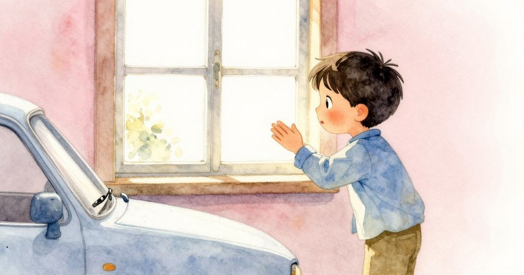 Felix站在窗邊，向靠近窗框的小車作別，透過金色晨光與室內溫暖氛圍表達告別情懷與結束一天旅程。