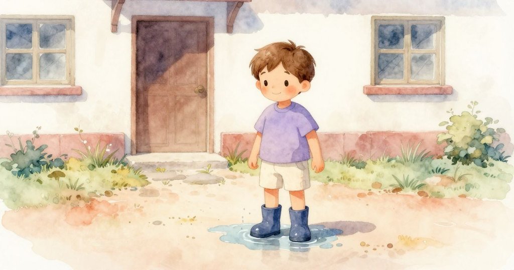 Finn在寧靜庭院中，靜靜站立，水滴輕拍靴子，背景中有等待的成人，溫暖晨光灑落，故事開始展開