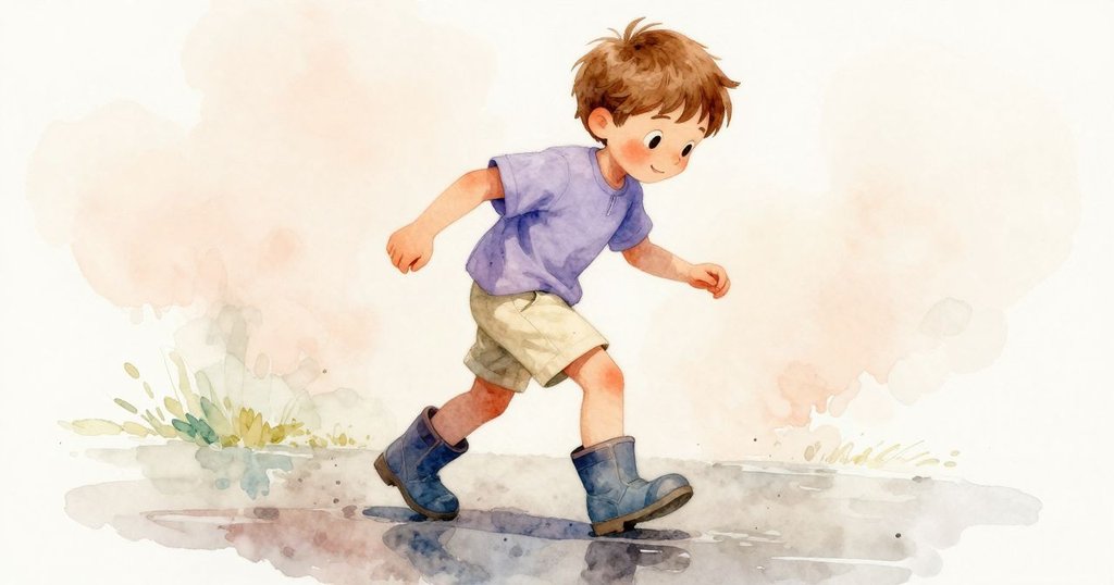 Finn的靴子在濕亮街道上踏出堅定步伐，水面反光明亮，展現故事發展中的動感