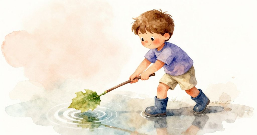 從高處俯瞰Finn在水面上用短棍推動樹葉，樹葉旋轉間即將落下小石子，水面泛起微光