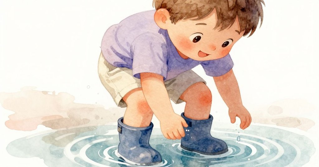 Finn面帶喜悅笑容，水波輕拂著靴子，溫暖光線中展現出童心與歡愉，情感豐富