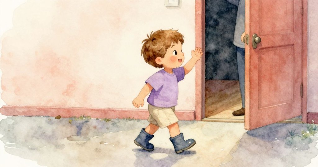 Finn在門邊揮手告別，背景中成人溫柔注視，水面閃爍著餘暉，結局充滿溫暖與和諧