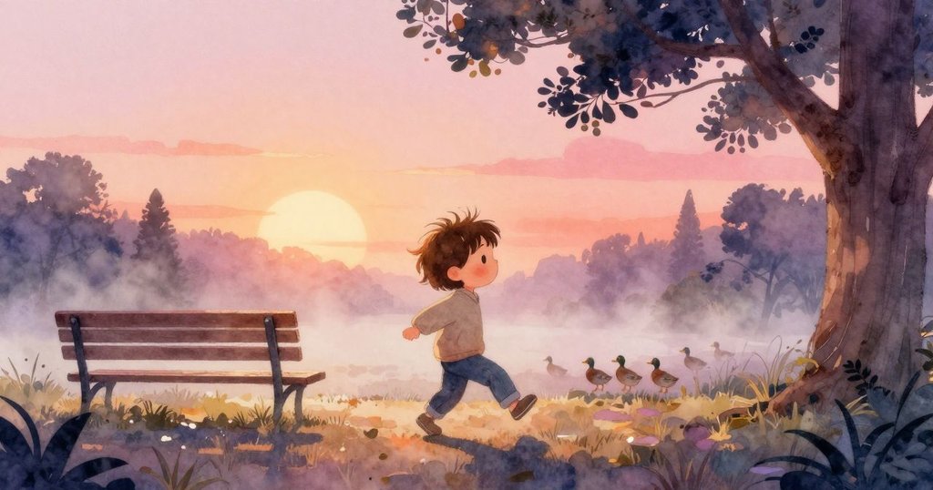 Noel 正走進晨霧籠罩的公園，背景有鴨子鳴叫與木製長椅，陽光柔和輕拂，展現開啟冒險之旅的情景