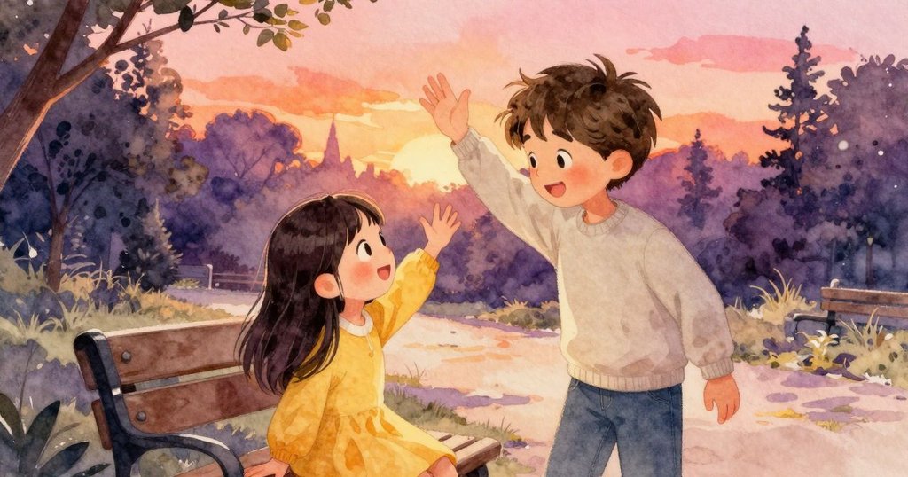 從高處俯瞰的視角，Noel 抬頭望向坐在長椅上揮手的Ella，公園明亮，呈現友好溫馨的互動