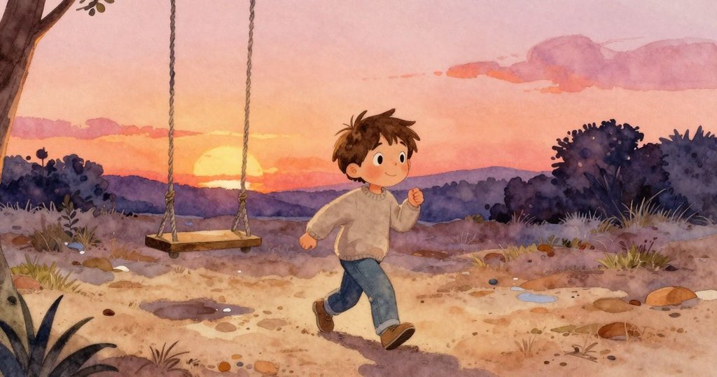 Noel 穿越乾燥沙地，靠近鞦韆處見到反光水灘與綠草，陽光溫暖，場景展現自然過渡與探險氣息