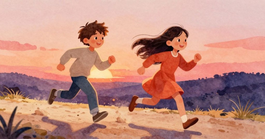 Noel 在乾燥沙地上迅速奔跑，背景隱約可見微笑的Ella呼喚，展現興奮與急促追趕的氛圍