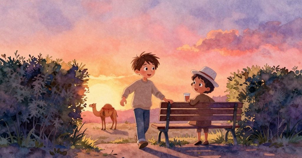 Noel 靜靜走近木椅邊檢視帶有沙漠駱駝圖案的杯子，背景中廚師經過與鴨子戲水，隨後躲向高籬笆展望新路