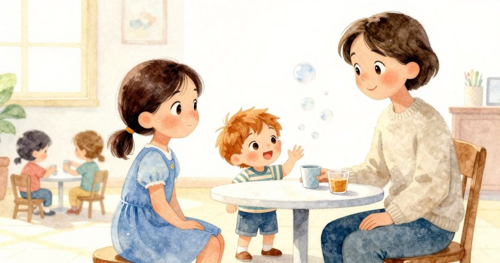 娜迪亞坐在充滿泡泡的室內, 背景中家人正在搭建杯子, 氣氛溫暖且充滿期待