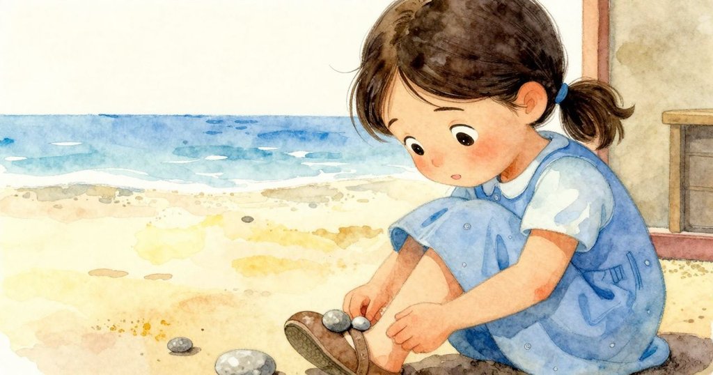 娜迪亞低頭看著落在鞋上的灰色石頭, 表情中透露出驚訝與思索, 氣氛柔和