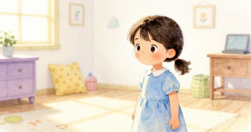 室內全景呈現平靜場景, 遊戲後的杯子和塑膠路安靜擺放, 陽光溫暖, 水滴輕輕落下, 帶來寧靜結局