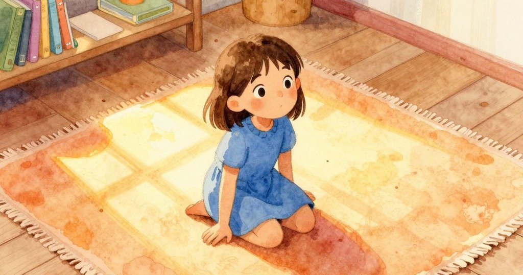 明亮的陽光灑在厚實的地毯上,Poppy蹲在低櫃旁,驚喜地眨眼,從空中俯瞰室內溫馨場景。