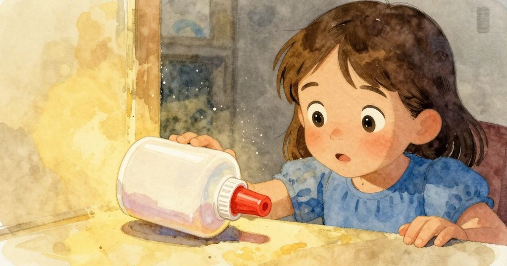 Poppy躡手躡腳地從書本間窺視,塵埃在陽光中飛舞,她仔細觀察傾斜瓶蓋的膠水瓶。