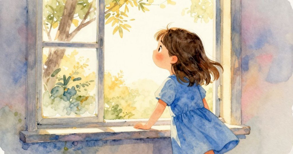 Poppy走向窗邊看外景,窗玻璃反射溫暖光線,外面樹影輕搖,充滿好奇與期待。