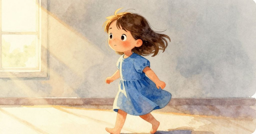 室內光線轉變,膠水瓶的耀光隨風減退,Poppy側身,露出柔和背景的庭院和搖曳樹影。