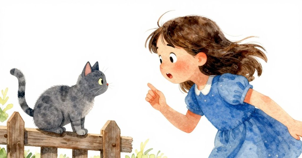 Poppy驚訝地看著圍欄上灰色的貓,表情充滿好奇與緊張,庭院光影交錯。