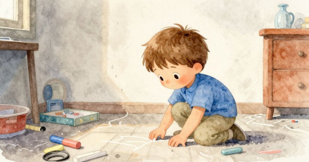 Reese在寬敞房間中，好奇地觀察亂散的粉筆線與蠟筆碎片，雨滴從高窗外輕輕飄下，氣氛溫暖而靜謐