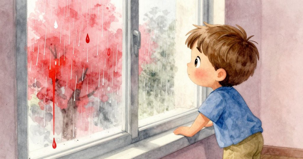 Reese從傾斜視角中出現，側臉聚焦於高窗外急速流動的雨滴與旁邊明亮乾透的顏料痕跡，充滿動感