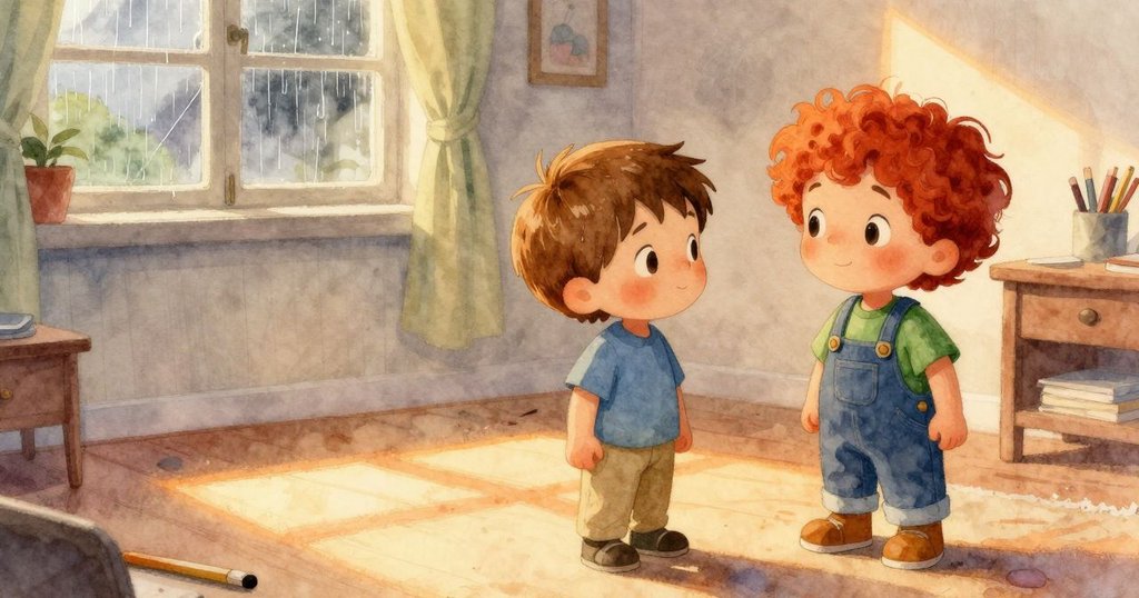 房間從雨天清晨逐漸轉入溫暖傍晚，桌上粉筆線和蠟筆碎片在柔和光影中呈現時間變遷