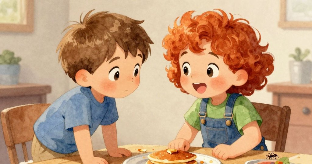 Reese與Birch在桌旁重逢，共同觀察小螞蟻享用鬆餅碎屑，室內溫暖祥和，展現日終平靜與喜悅