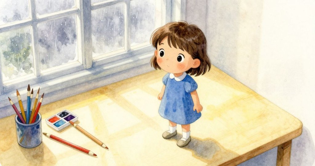 Willa 正在桌前創作，鳥瞰角度展現柔和灰光房間與窗外雨滴寒霜，充滿專注與期待