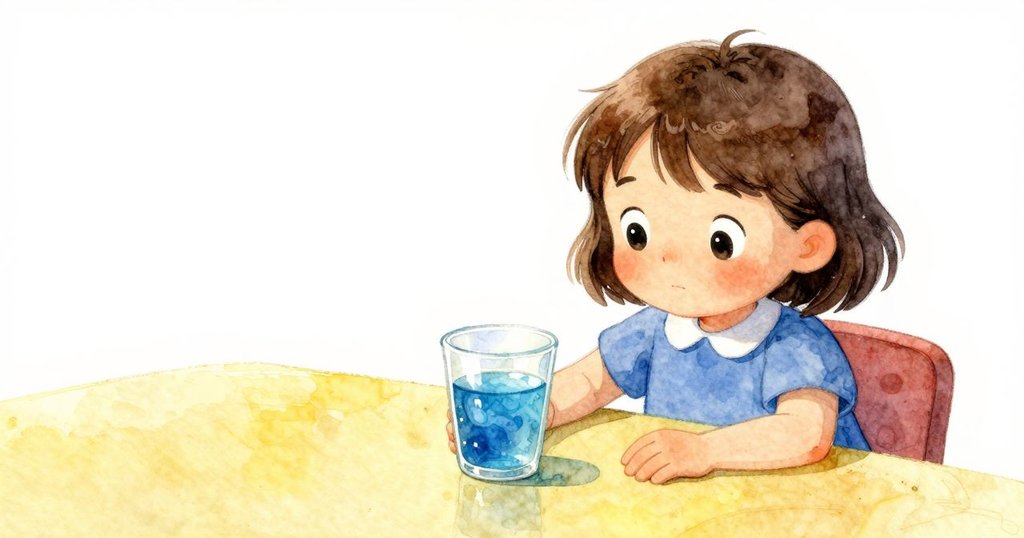 Willa 正在仔細用刷子沾取杯中藍色旋渦液體，桌上擺放美術工具，充滿好奇和認真態度