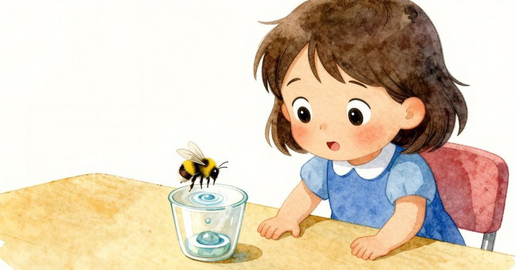 Willa 驚訝地注視嗡嗡蜂在杯邊飛舞碰撞，產生漣漪效果，場景動態且充滿驚奇