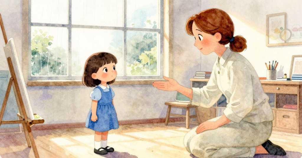 Willa 與老師在雨天窗前互動，窗外寒霜雨滴映襯，老師溫柔示警，室內情緒由動轉靜