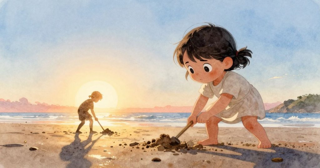 在海灘上，Halle握著藍色湯匙挖沙，背景是初升的太陽和泡沫線，充滿期待與活力