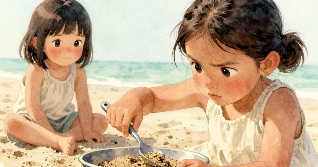 細緻特寫中，Halle的手握著藍湯匙舀取濕沙，展現出沙粒質感與溫暖晨光