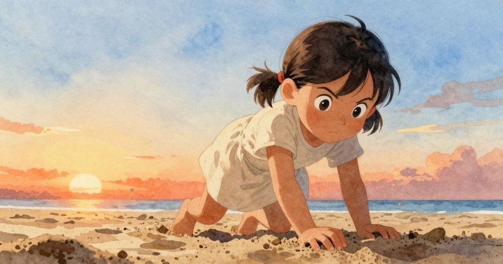 低角度鏡頭下，Halle用力拍打沙溝邊緣，展現堅定姿態，背後是溫暖海灘與金色天光