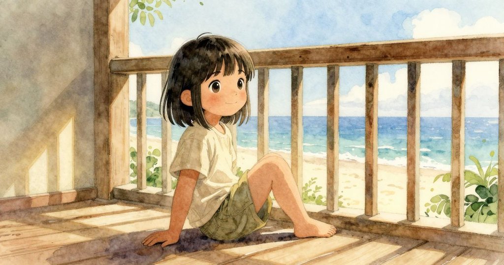 在海景陽台上，Kit倚在木板上靜觀外面海灘，溫暖的晨光灑在室內，呈現平靜氛圍